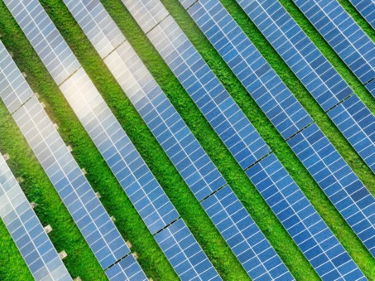 Paneles solares sobre pasto, ilustrando el entorno adecuado para la instalación y qué debo considerar al instalar paneles solares