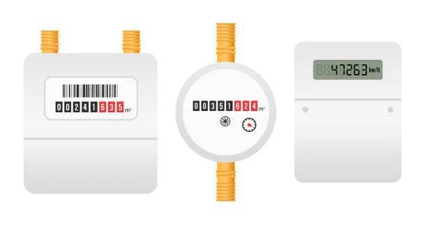 Imagen de medidores blancos instalados en una pared, mostrando cómo leer un medidor bidireccional de manera fácil y precisa para monitorear y controlar el consumo de energía.