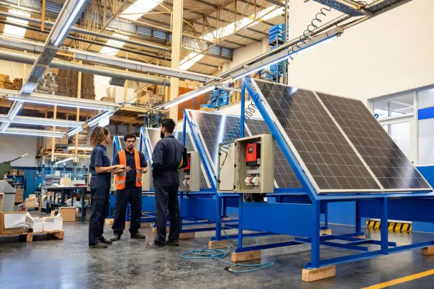 Planta de manufactura con paneles solares en su techo, mejorando la eficiencia energética en la industria de manufactura.