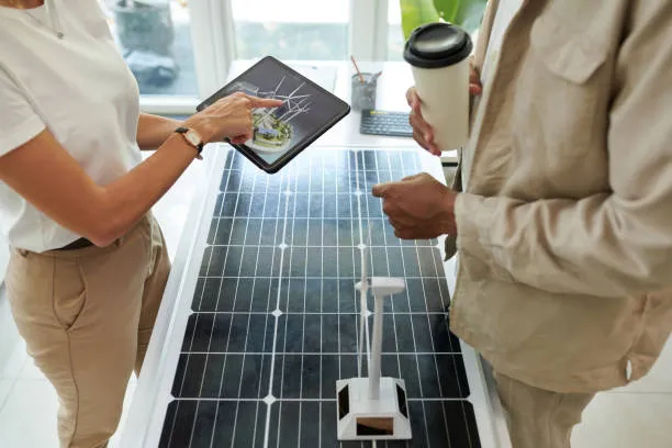 Reunión técnica con planos y tablet que representa la toma de decisiones sobre tipos de inversores solares