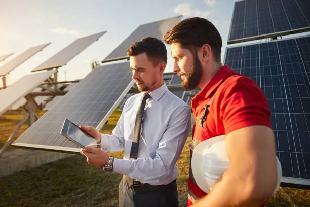 Ingenieros comparando datos de monitoreo de sistemas fotovoltaicos junto a módulos solares en CDMX, asegurando rendimiento óptimo con paneles solares CDMX.