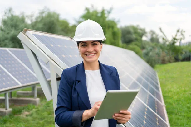 Personal femenino supervisando módulos solares, garantizando seguridad y rendimiento óptimo en instalaciones con paneles solares en Toluca.