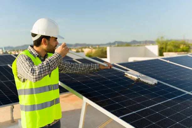 Técnico limpiando paneles solares con agua desmineralizada, mostrando cada cuánto tiempo debo limpiar los paneles solares para mantener su máximo rendimiento.