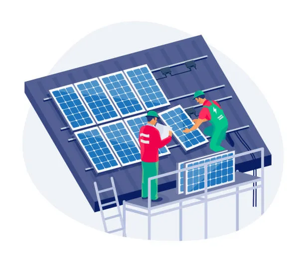 Ingenieros ajustando inversores y módulos solares en expansión, prueba de que el sistema de paneles solares puede crecer si necesito más energía en el futuro.