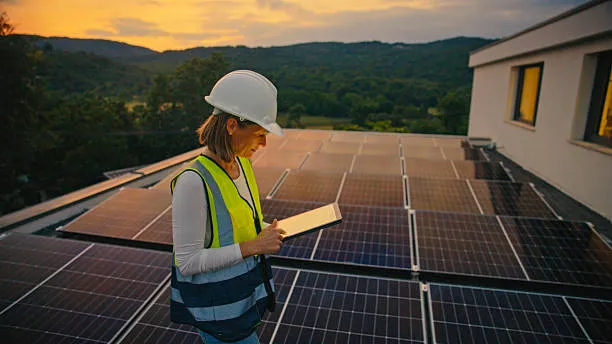 Mujer profesional de negocios revisando la calidad y el estado de la instalación de los grandes paneles solares en un tejado comercial, demostrando la confianza de saber ¿Qué tipo de garantía tienen mis paneles solares y el inversor? para sus activos.