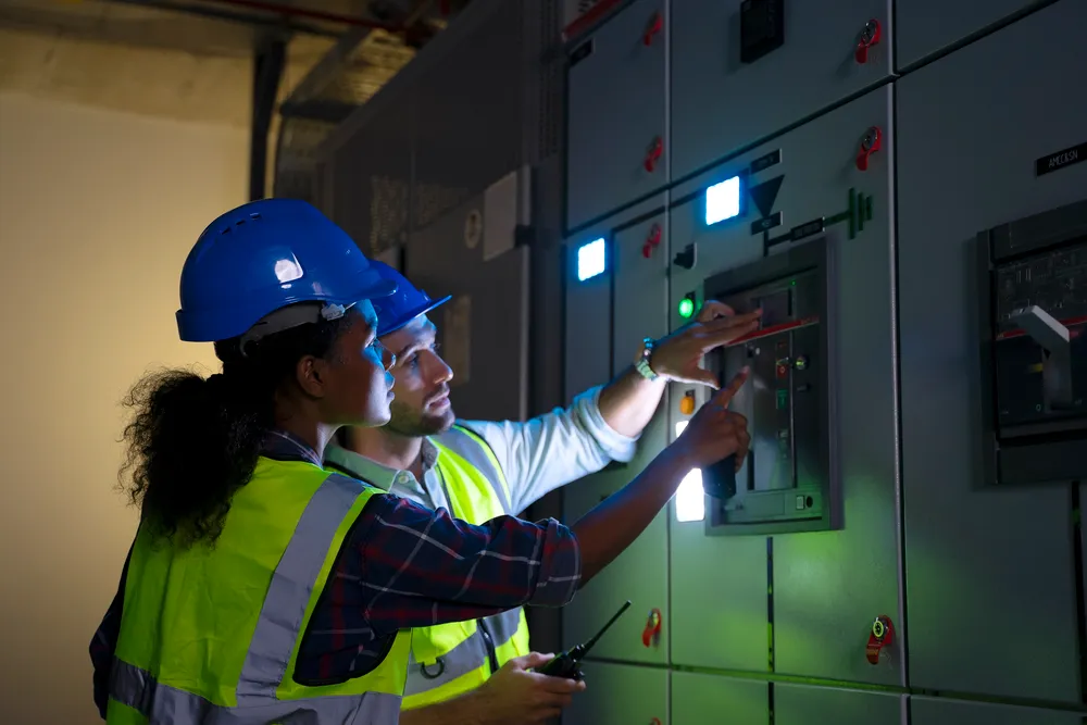 Una ingeniera y un colega revisan un sistema electrónico de control en un sótano, demostrando la diligencia técnica esencial para el pilar de Gobernanza y Social de los criterios ESG.