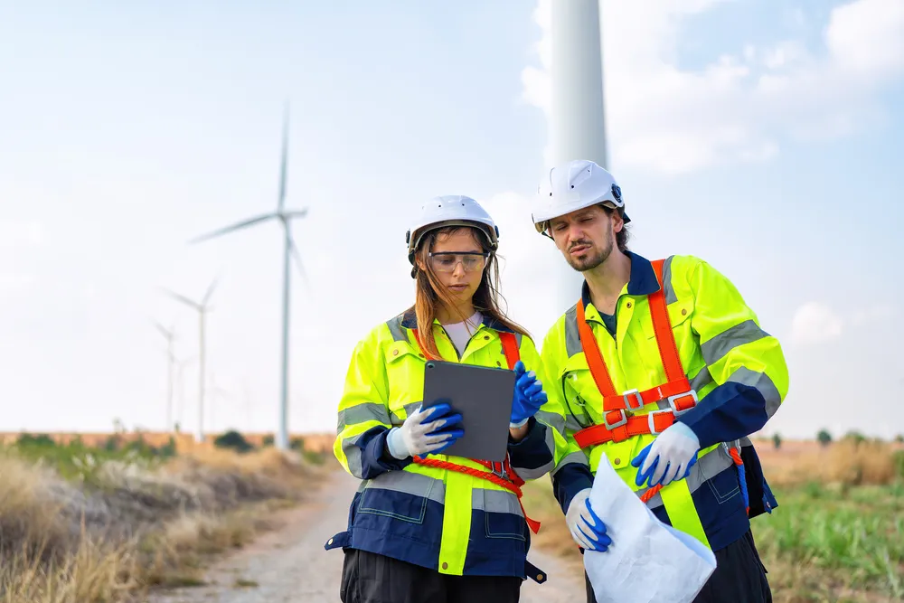 Dos técnicos con chalecos de seguridad de alta visibilidad revisan una tableta y planos en un parque eólico, reflejando la inversión en energías renovables y la Sostenibilidad Ambiental dentro de los criterios ESG.