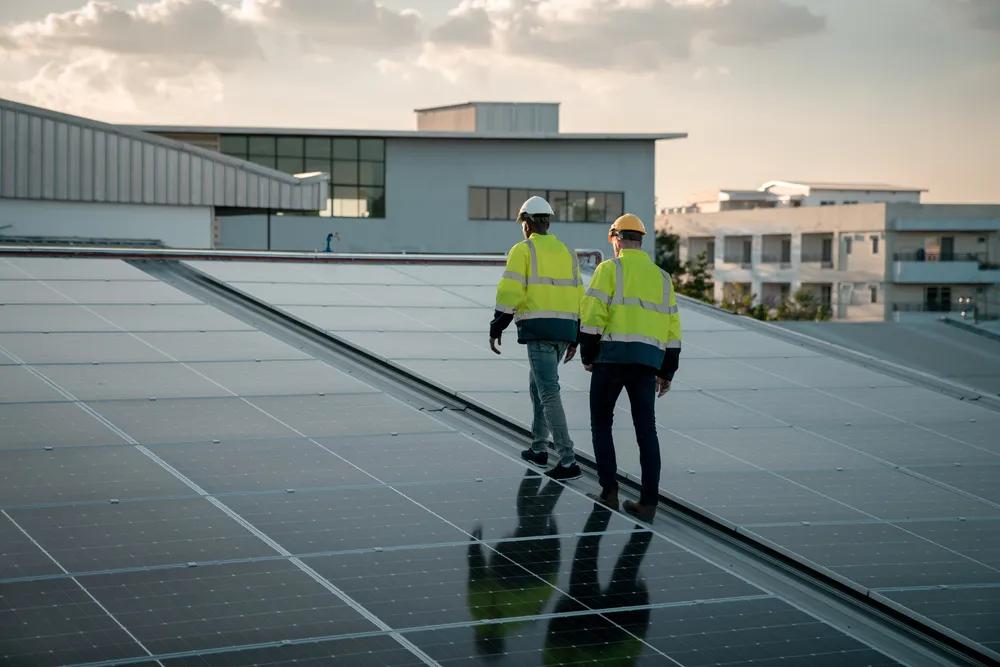 Técnicos revisan las ventajas de los paneles solares en una azotea industrial para asegurar el máximo ahorro energético.
