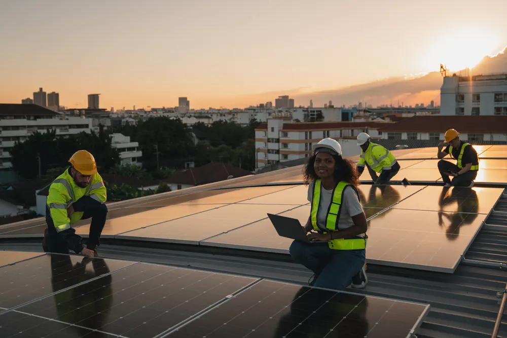 La instalación de paneles solares en edificios de la ciudad requiere un equipo profesional y cuidadoso para colocar cada módulo, asegurando la conexión de la infraestructura urbana.