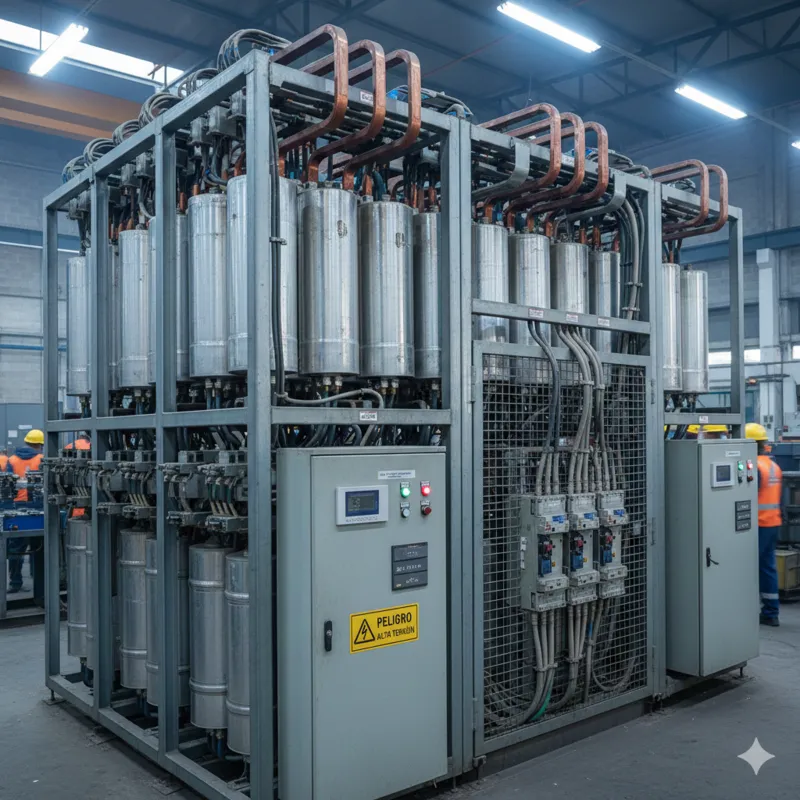 Amplio banco de capacitores con barras de cobre superiores y paneles de control frontales en una nave industrial.