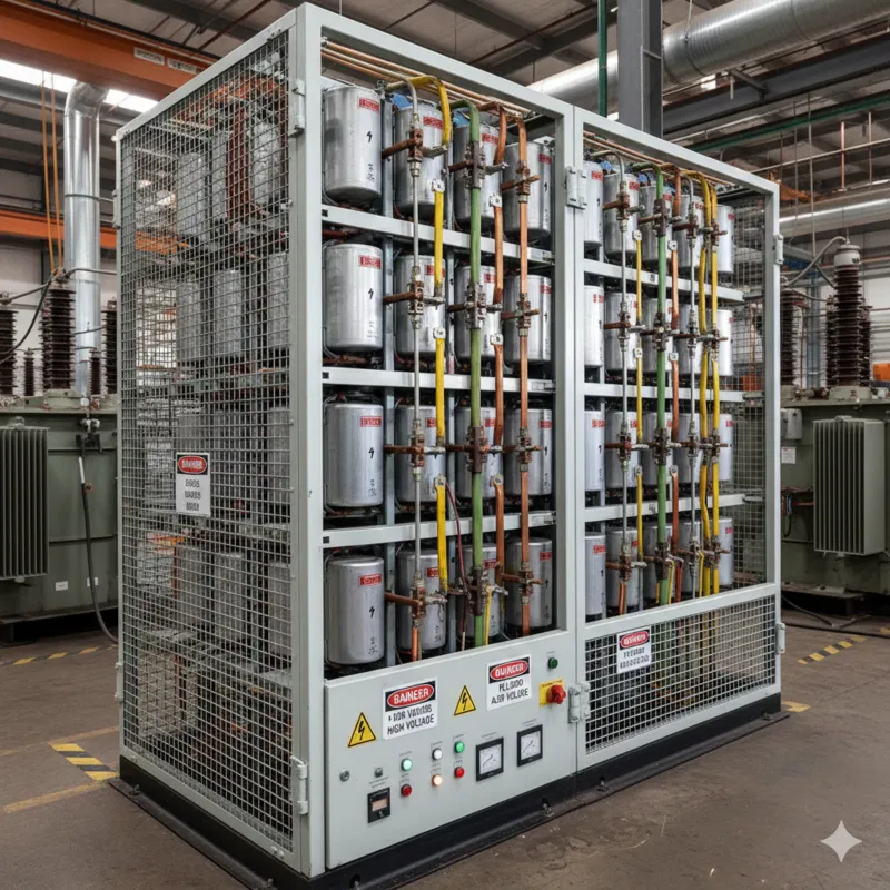 Estructura metálica gris que contiene un banco de capacitores cilíndricos con cableado de cobre y señales de peligro.