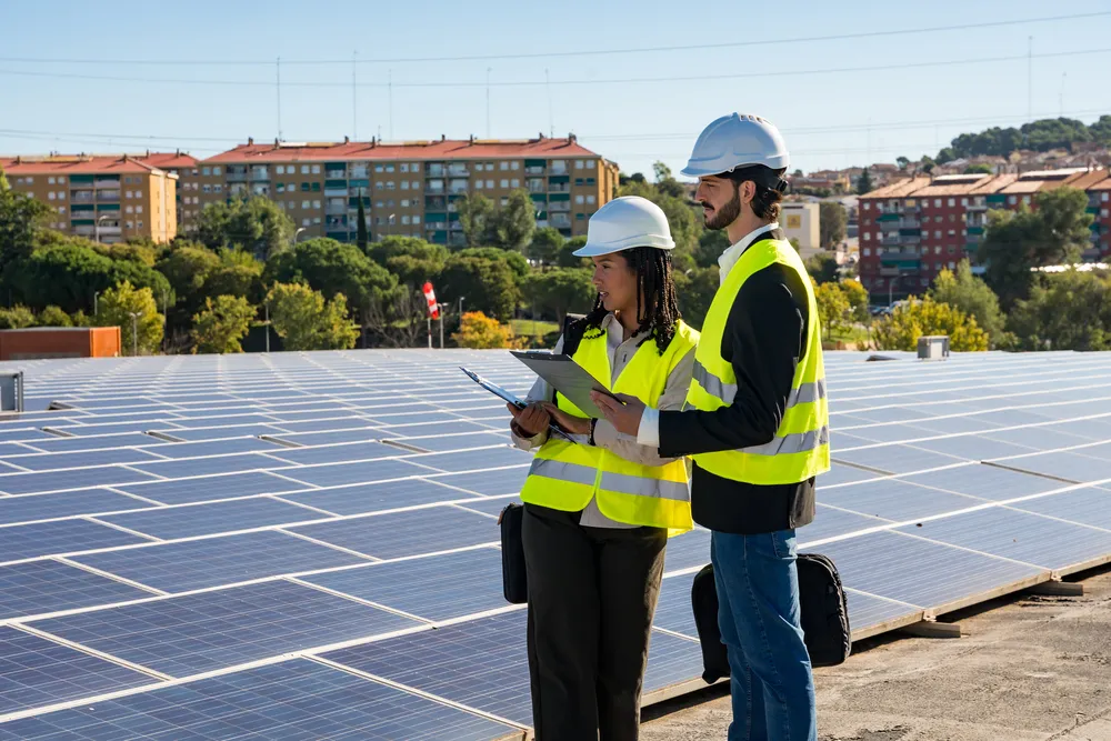 Dos ingenieros con cascos y chalecos revisan planos sobre una extensa planta de micro redes solares en una azotea.