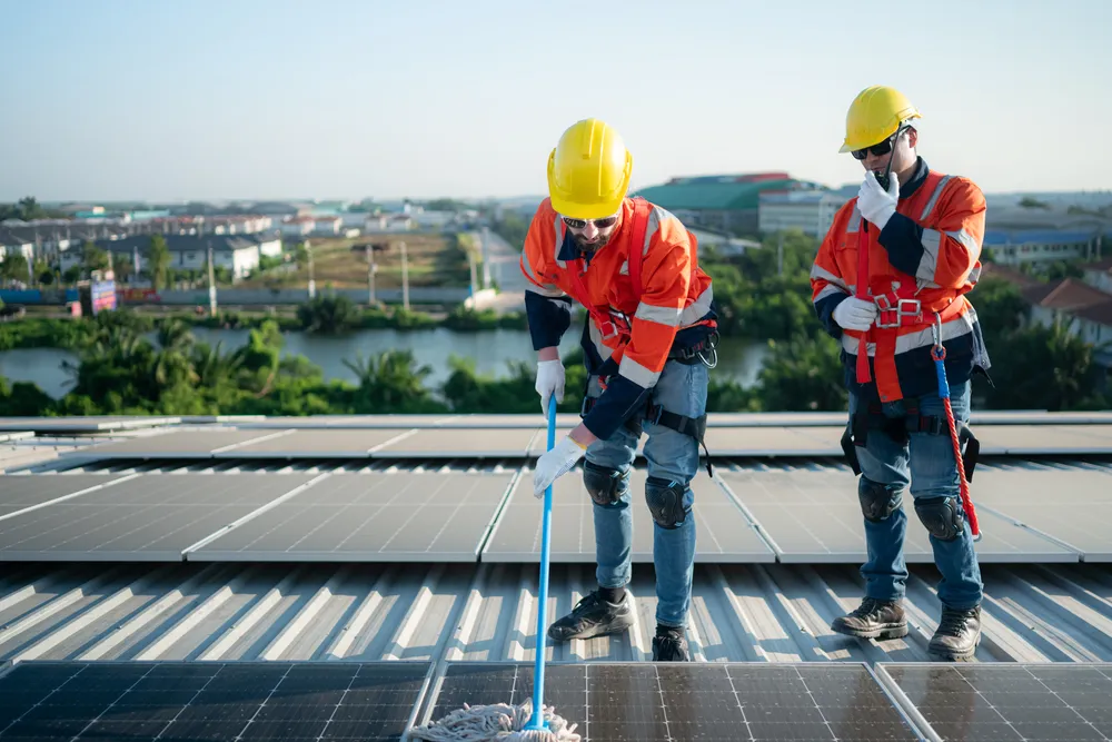 Operarios con arnés limpian la superficie de los módulos como parte del mantenimiento preventivo de paneles solares eficaz.
