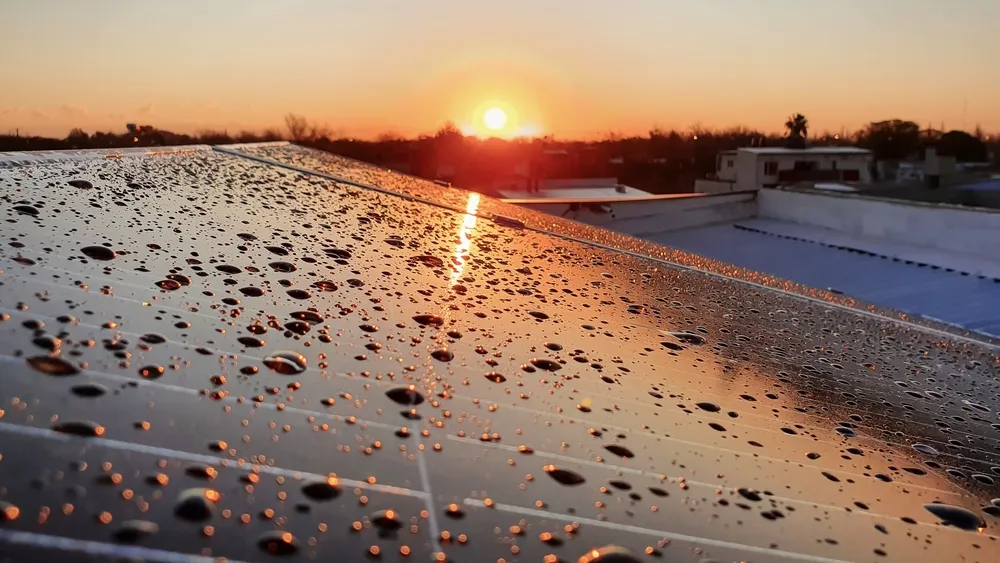 Primer plano de gotas de agua sobre celdas fotovoltaicas reflejando la luz del sol al atardecer tras una lluvia.