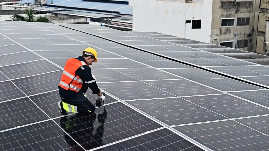 Cuánto cuesta un mantenimiento correctivo de paneles solares: Profesional reparando módulos solares en una azotea