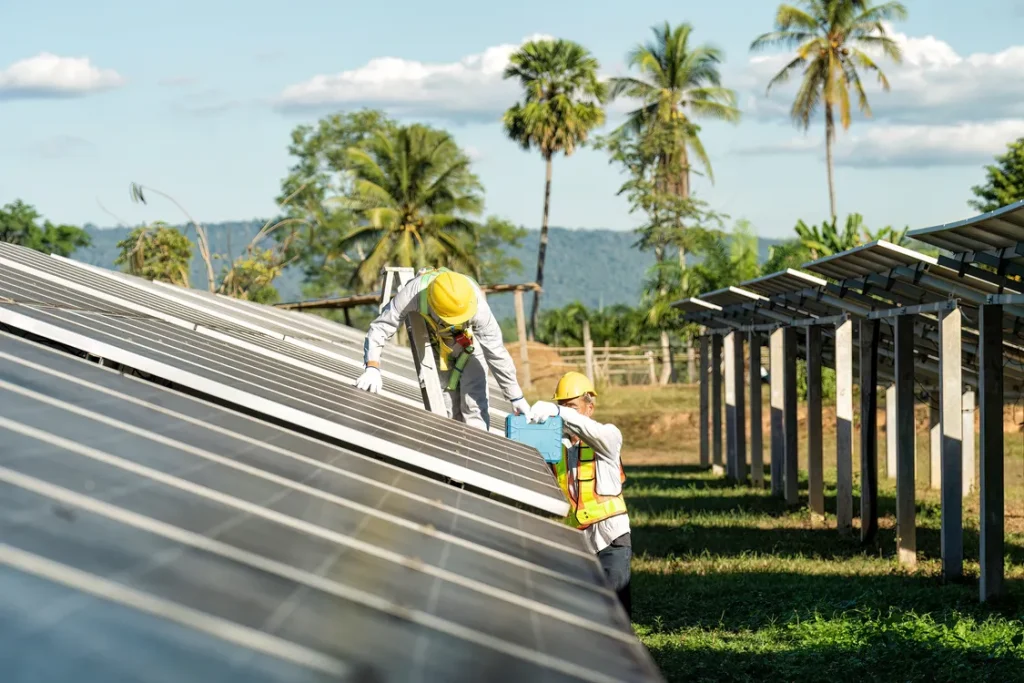 Qué es la certificación NABCEP: Personal especializado trabajando en la parte superior de módulos solares con equipo de seguridad en un entorno rural