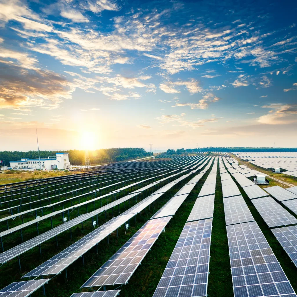 Paisaje con paneles solares en Cocula iluminados por el sol naciente en una gran instalación de celdas fotovoltaicas.