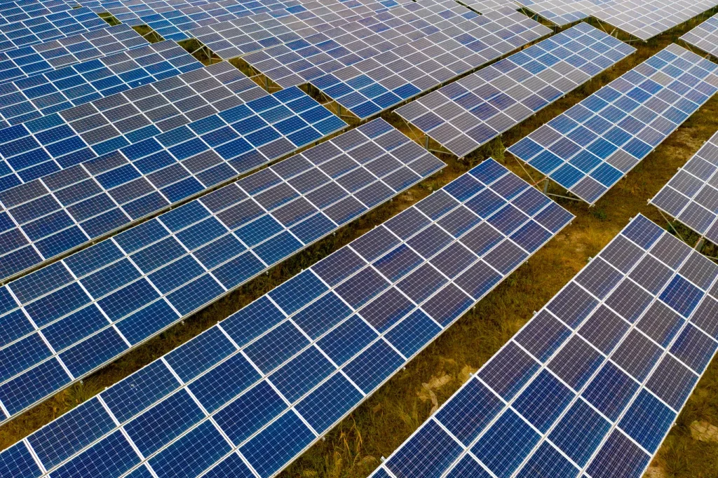 Hileras azules de paneles solares en Cocula instalados sobre el suelo para generar electricidad de forma sustentable.