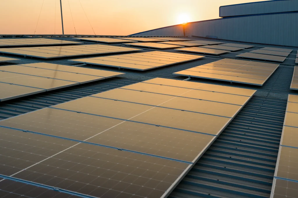 Fila de paneles solares en Tlajomulco instalados en una bodega industrial para reducir el costo de luz mensual.