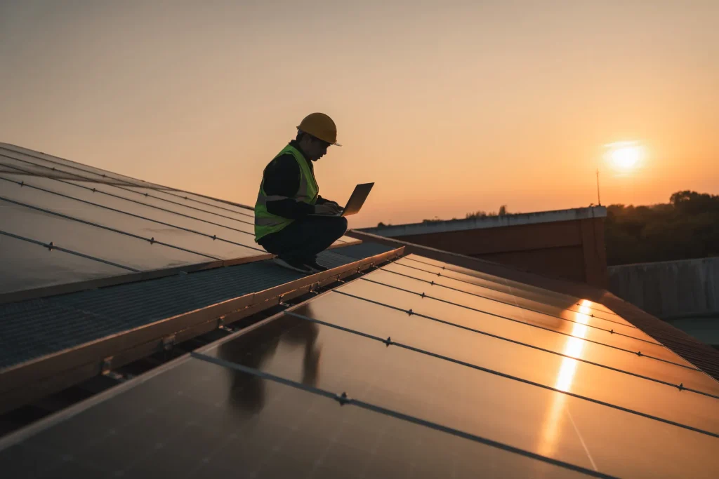 Técnicos revisando una instalación industrial para determinar cuánto dura un panel solar con mantenimiento experto.