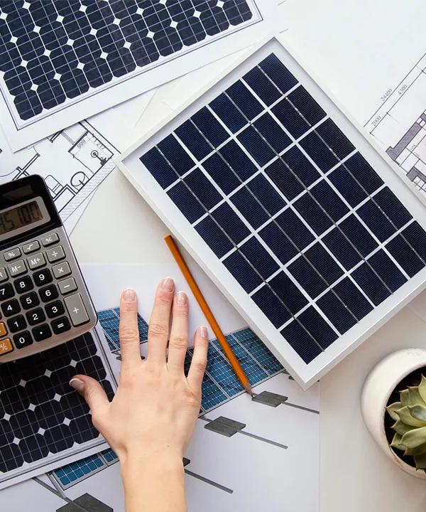 Planos, calculadora y mini panel para calcular el financiamiento de paneles solares.