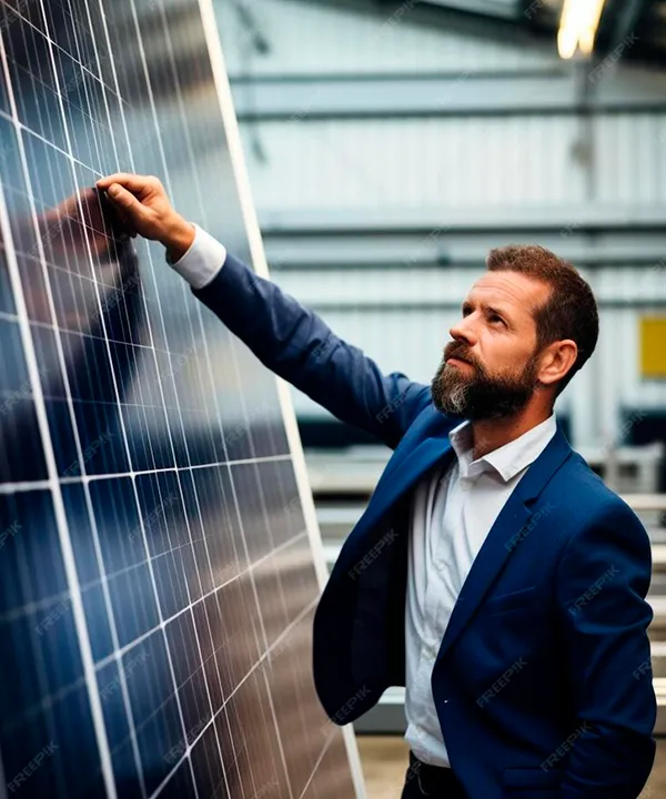 Un profesional tocando y revisando un panel solar grande para venta o instalación como inversión estratégica.