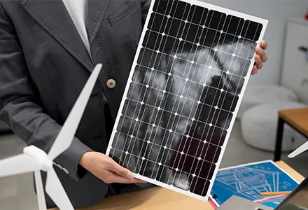 Un hombre de traje sosteniendo un panel solar como muestra para vender u ofrecer financiamiento.