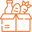 Icono lineal naranja de una caja de alimentos con pan y verduras. Paneles solares en Guadalajara para la industria alimentaria.