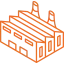 Icono lineal naranja de una fábrica con chimeneas. Paneles solares en Guadalajara para plantas de manufactura.