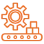 Icono lineal naranja de un engranaje y cajas en banda transportadora. Paneles solares en Guadalajara para diversas industrias.