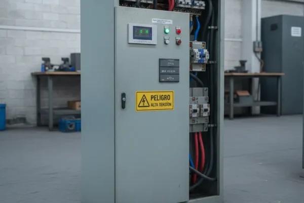 Panel eléctrico gris con pantalla digital y botones de control conectado a un banco de capacitores en taller industrial.